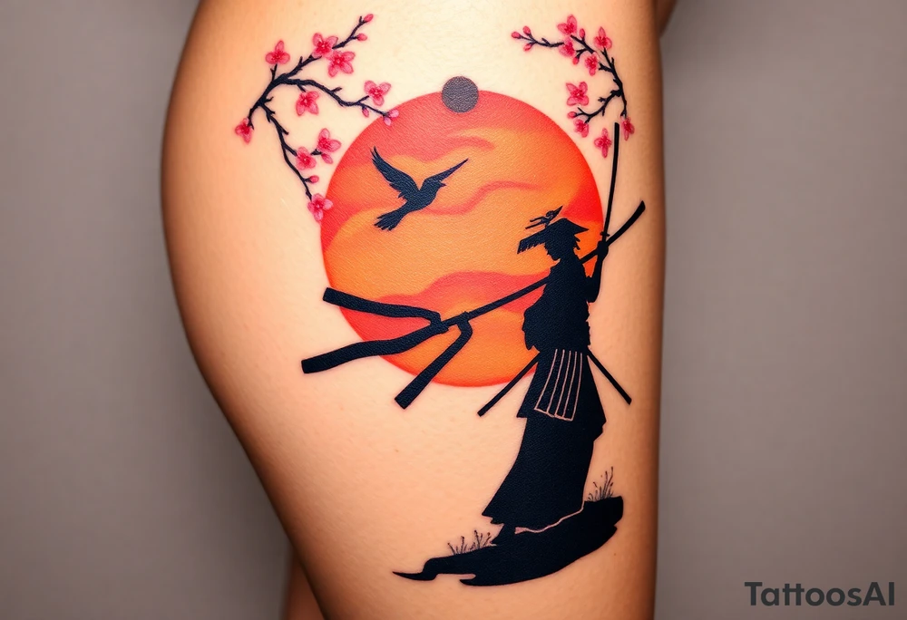 noble samurai warrior silhouette at sunset with cherry blossoms tattoo idea
