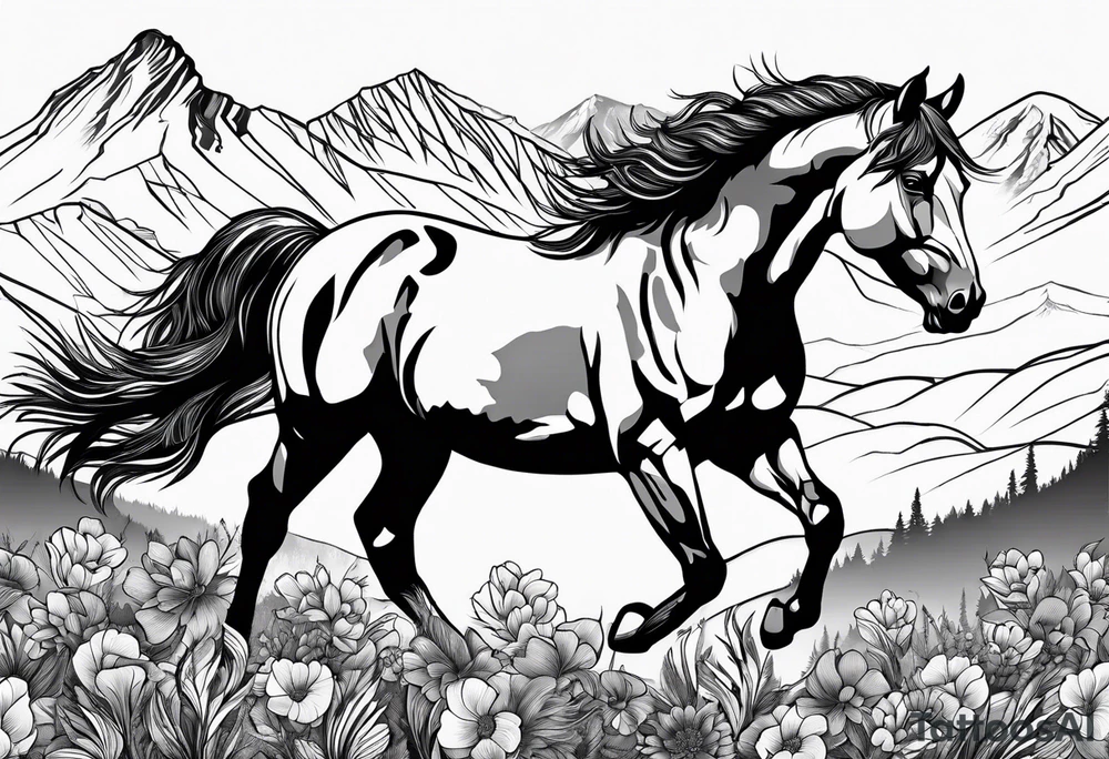Wild horse, mountain background, feather, flowers, western tattoo idea