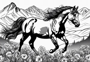 Wild horse, mountain background, feather, flowers, western tattoo idea
