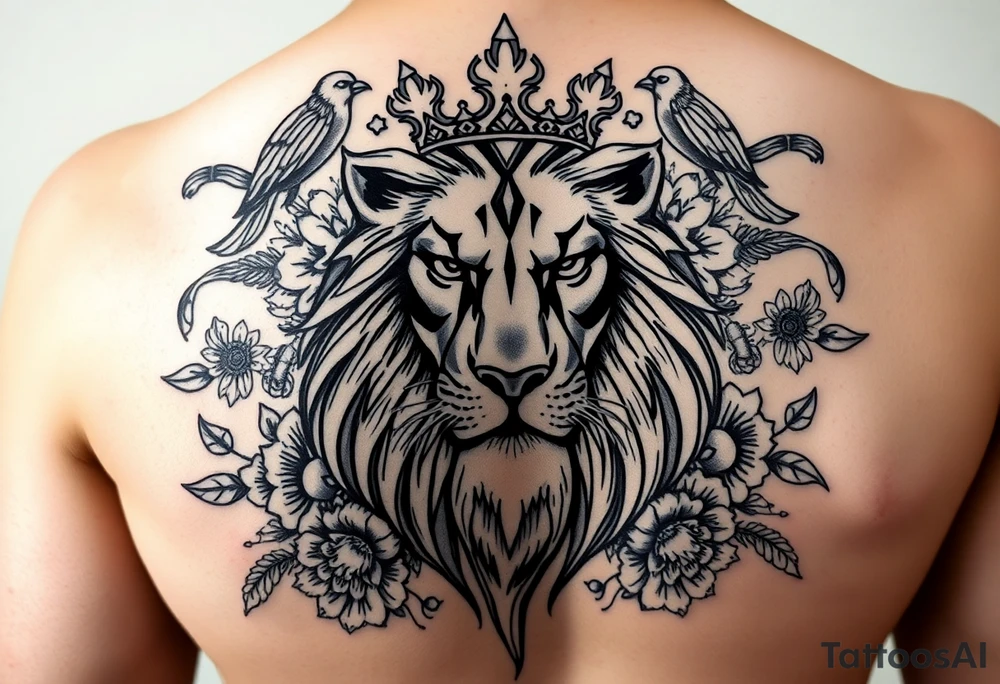 powerful majestic lion with a crown, surrounded by floral ornaments and birds tattoo idea