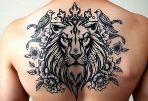 powerful majestic lion with a crown, surrounded by floral ornaments and birds tattoo idea