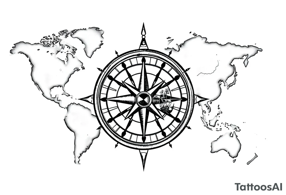 antique compass rose overlaid on weathered world map with sailing ships tattoo idea