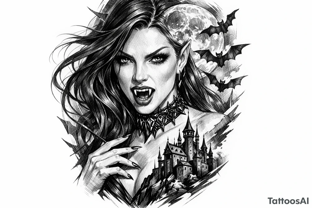 female vampire,bats,moon. tattoo idea