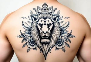 powerful majestic lion with a crown, surrounded by floral ornaments and birds tattoo idea