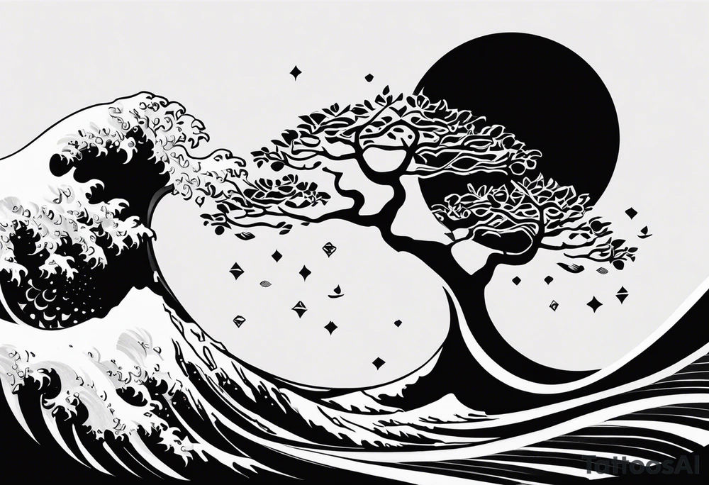 an abstract Tree of life tattoo design. Black and white. It should have roots growing out of the bottom. The roots slowly transform into water waves from the great wave by Hokusai. A golf ball should be placed discreetly. Like in the place of a moon. 2 license plate tags should be hanging from the tree. Place a few music notes. The letters A U should be engraved into the tree trunk in a heart tattoo idea