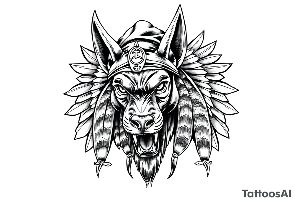 Egyptian Anubis god powerful face muscle in Egypt style with mantle on head dog face surrounded Egyptian symbols tattoo idea
