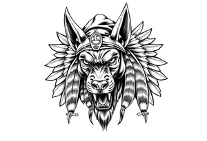 Egyptian Anubis god powerful face muscle in Egypt style with mantle on head dog face surrounded Egyptian symbols tattoo idea