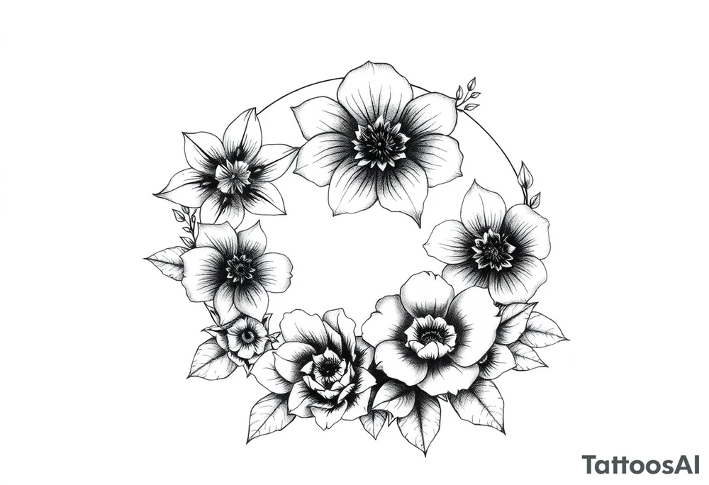 moon-shaped diferent flowers tattoo idea