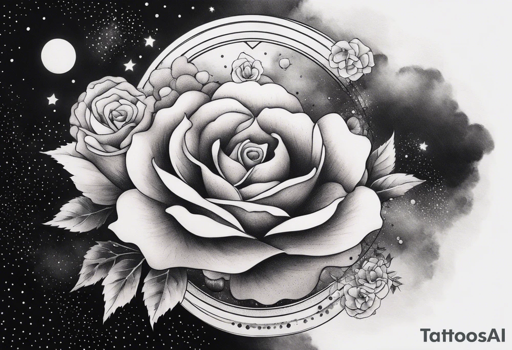 Clouds with tesseract inside and small roses and stars around it tattoo idea