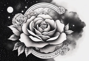Clouds with tesseract inside and small roses and stars around it tattoo idea