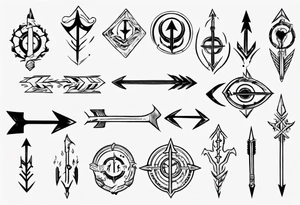 Arrow including symbols for temperance wisdom courage justice tattoo idea
