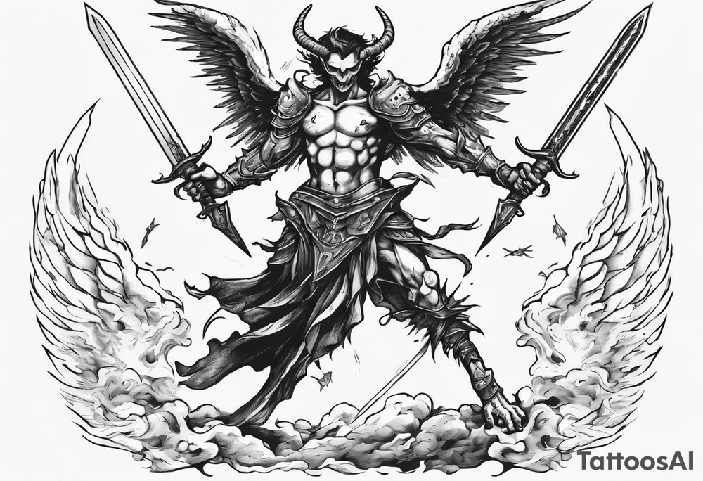A demon angel wearing organic armor that is in mid-air with his two-handed sword behind them about to attack. tattoo idea