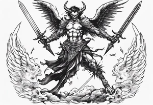 A demon angel wearing organic armor that is in mid-air with his two-handed sword behind them about to attack. tattoo idea