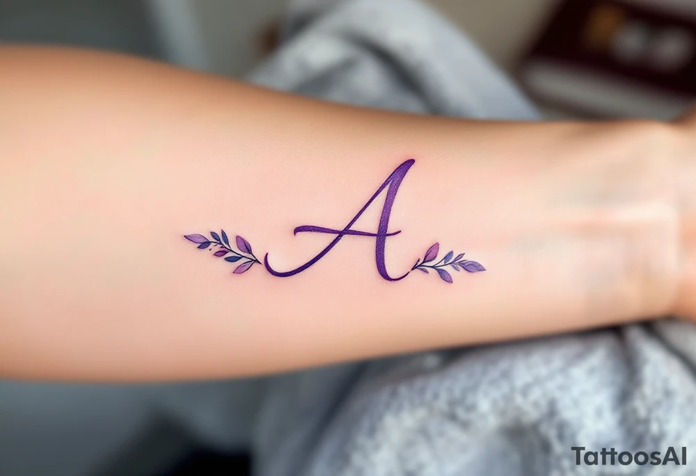 A delicate cursive "A" in soft lavender ink with a watercolor wash. tattoo idea