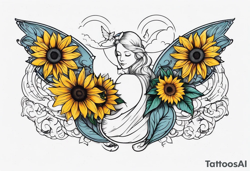 Sleeve with angel wings, sunflower and butterfly tattoo idea