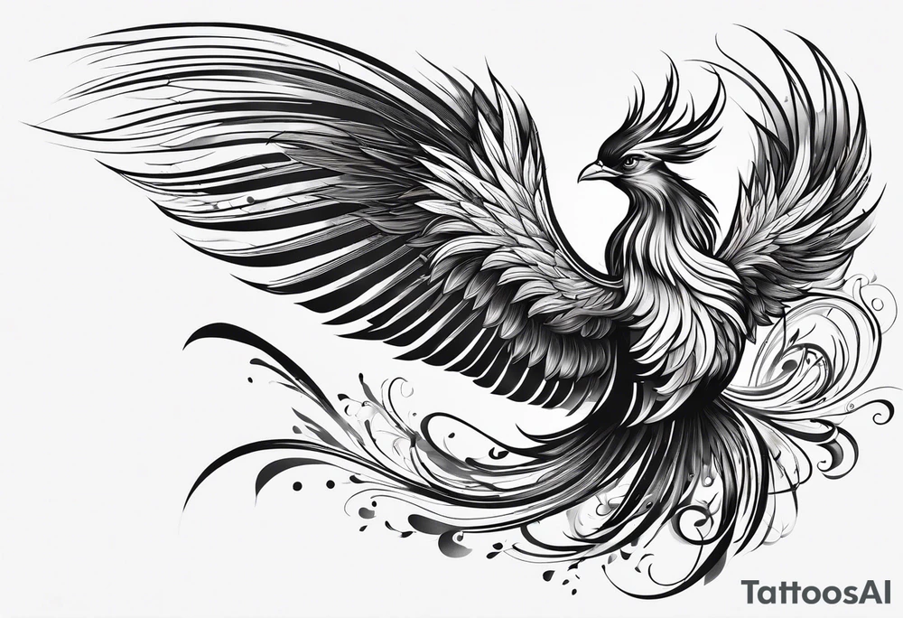 minimalist pheonix with long tail curling and feathers coming off tail tattoo idea