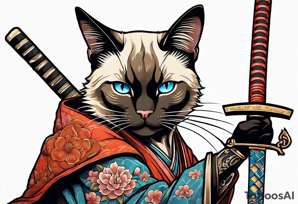 Siamese samurai cat holding a rusty katana tattoo idea