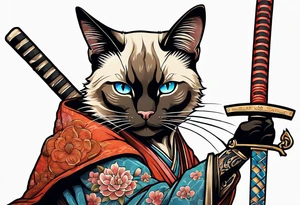 Siamese samurai cat holding a rusty katana tattoo idea