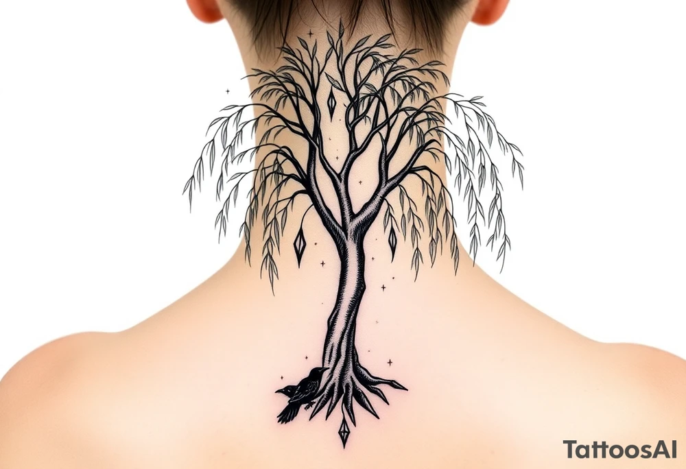 Weeping willow with starry sky background with zodiac constellations in it with runes and ravens tattoo idea