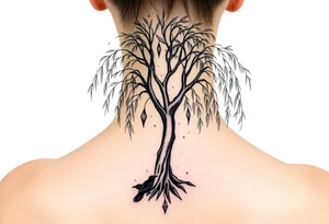 Weeping willow with starry sky background with zodiac constellations in it with runes and ravens tattoo idea