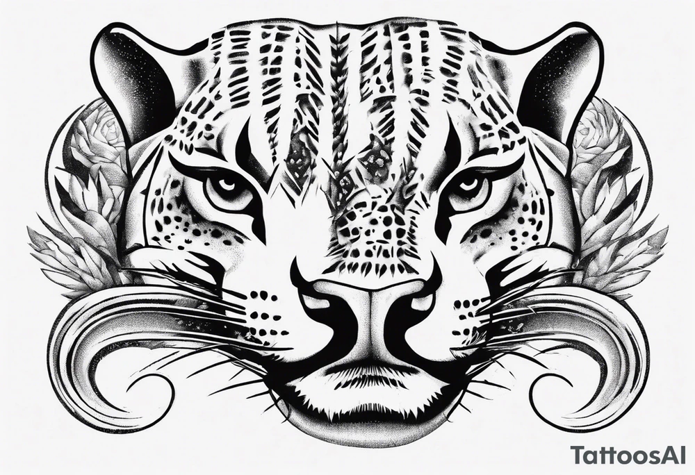 Generate a tattoo concept with two black pumas flanking a central element. Position the pumas side by side, facing outward, mirroring each other's stance. tattoo idea