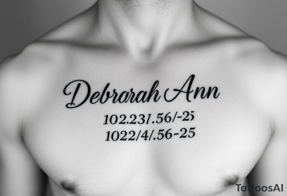 Deborah Ann in cursive in chest with 10/23/56-25 on the bottom tattoo idea