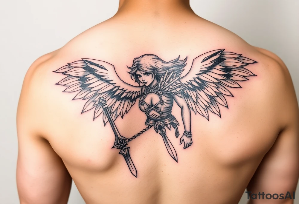 Female Angel warrior with dark shading tattoo idea