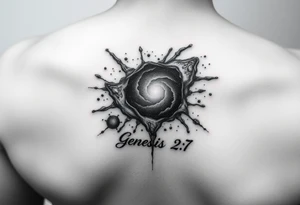3d galaxy coming out of skin with genesis 2:7 written tattoo idea