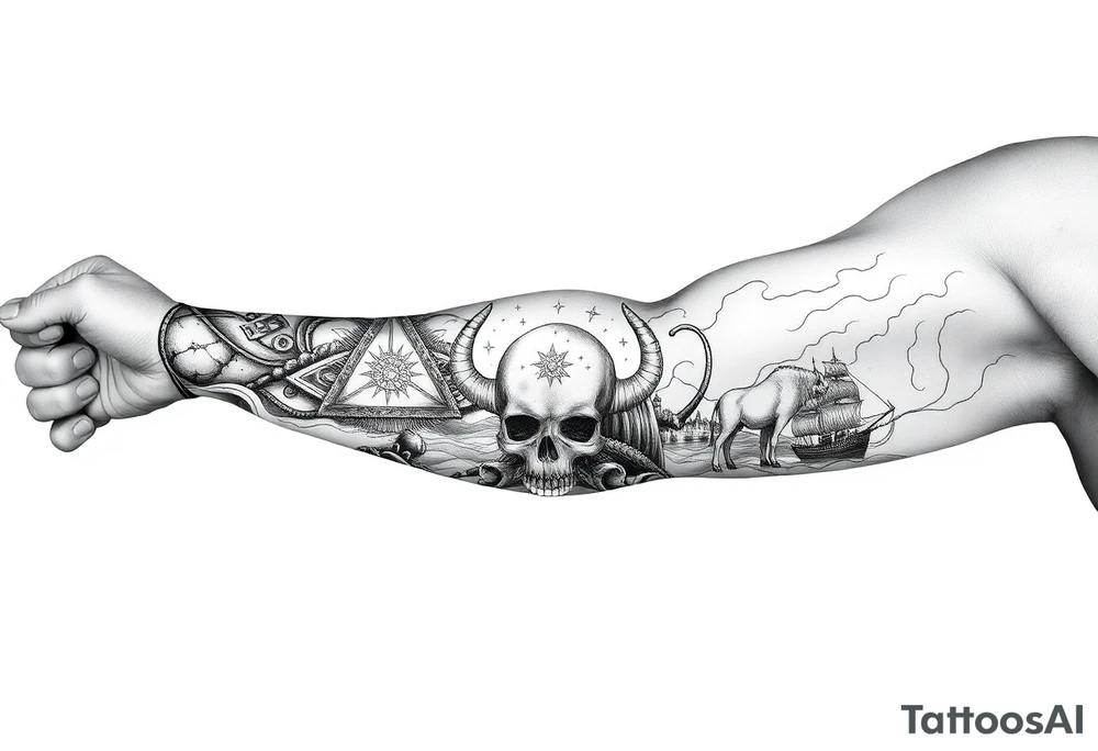 make a seamless sleeve design for a left arm from top of shoulder to wrist in fine line art that includes the images: candlestick, triangle, open hands, light, crown, a path, jacob wrestling with God, skull, ocean, bison, shepherd crook, dove, electricity, ship on the sea tattoo idea