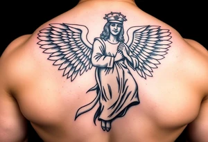 Muscular male guardian angel carrying female officer in the United States coast guard religious statue tattoo idea
