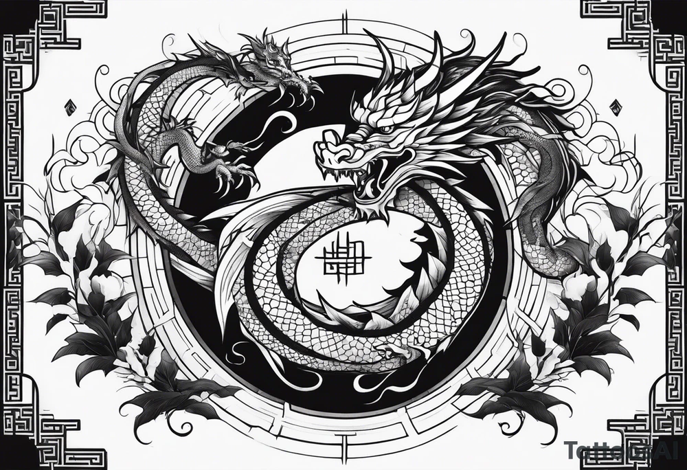 white and black dragon intertwined around the yinyan and with each other tattoo idea