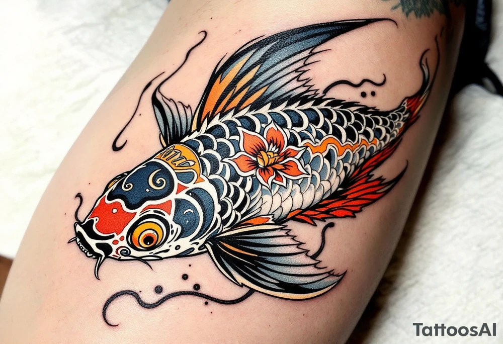 Tattooed Koi with Japanese Motifs – A koi fish covered in traditional Japanese tattoos across its own body, combining modern and ancient symbolism. tattoo idea