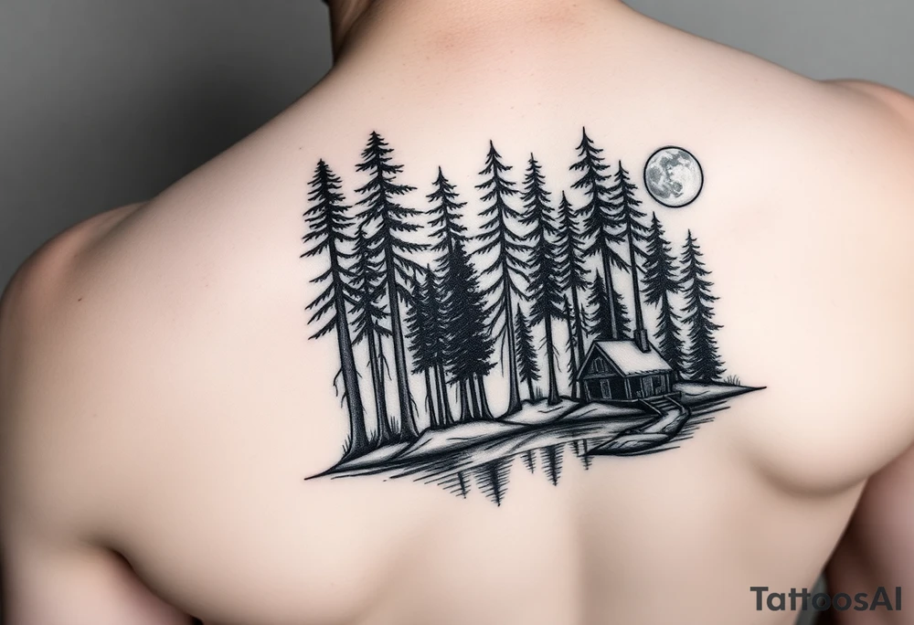 Black and white tattoo.  Tall trees in the woods surrounded by a lake.  With a cabin to the right front.  And a moon reflecting off the lake. tattoo idea