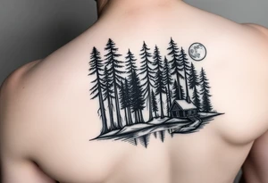 Black and white tattoo.  Tall trees in the woods surrounded by a lake.  With a cabin to the right front.  And a moon reflecting off the lake. tattoo idea