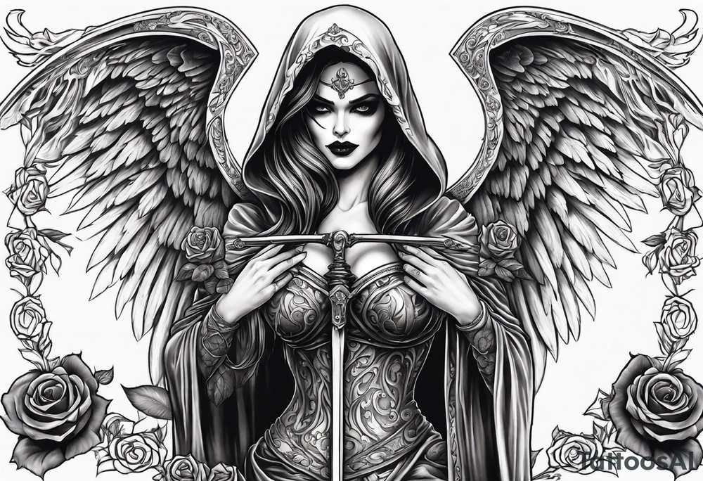 Lady death grim reaper with angel wings, scythe and skulls and roses tattoo idea