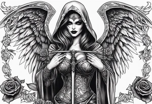 Lady death grim reaper with angel wings, scythe and skulls and roses tattoo idea