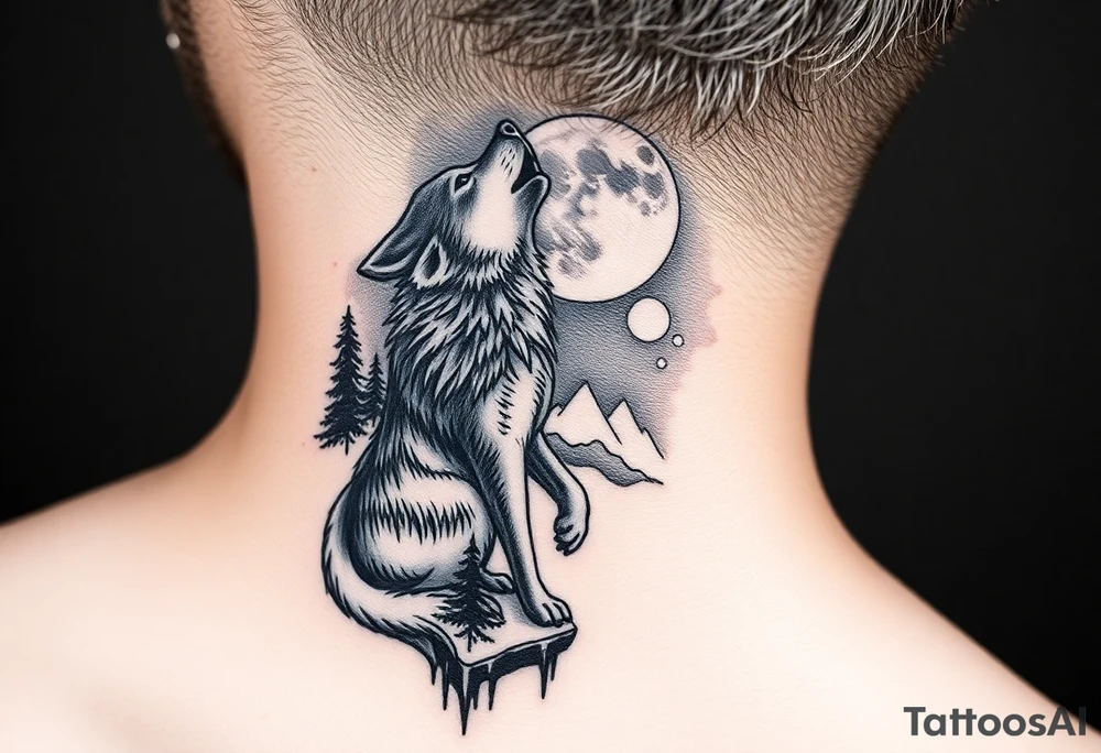 lone wolf howling at full moon with northern lights backdrop tattoo idea