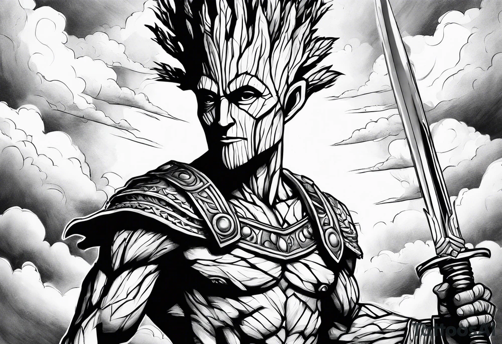 Groot greek warrior with sword, clouds behind tattoo idea