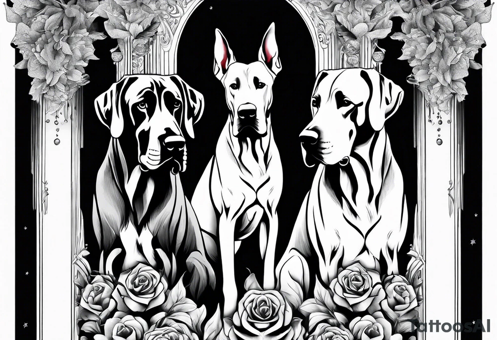 Arm sleeve-  with four Great Danes in front of waterfall tattoo idea