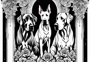 Arm sleeve-  with four Great Danes in front of waterfall tattoo idea