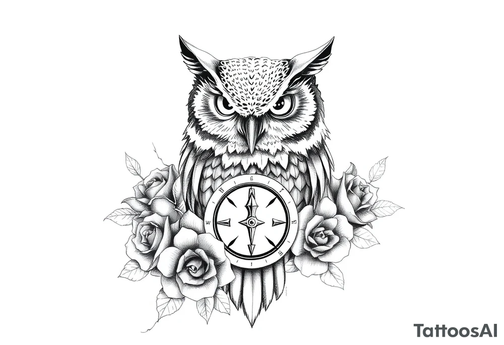 an owl,compass,roses, tattoo idea