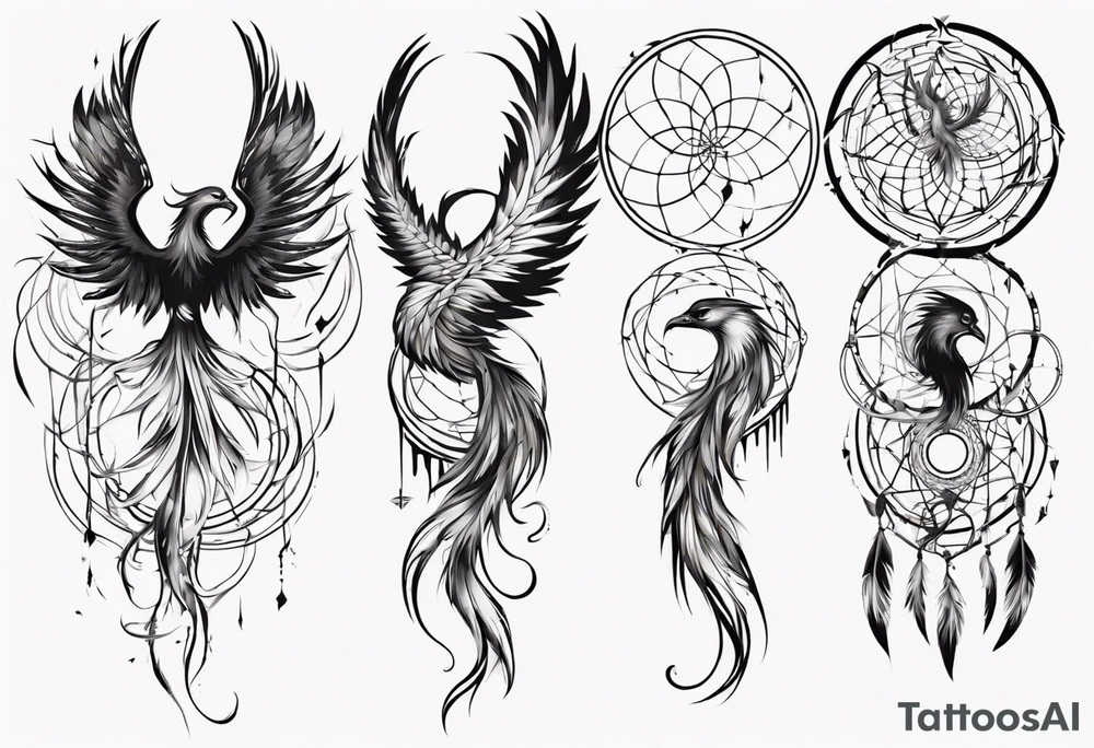 Vertical screaming Phoenix in circles with abstract dream catcher tail tattoo idea Vertical screaming Phoenix in circles with abstract dream catcher tail tattoo idea
