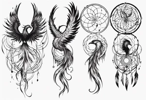 Vertical screaming Phoenix in circles with abstract dream catcher tail tattoo idea