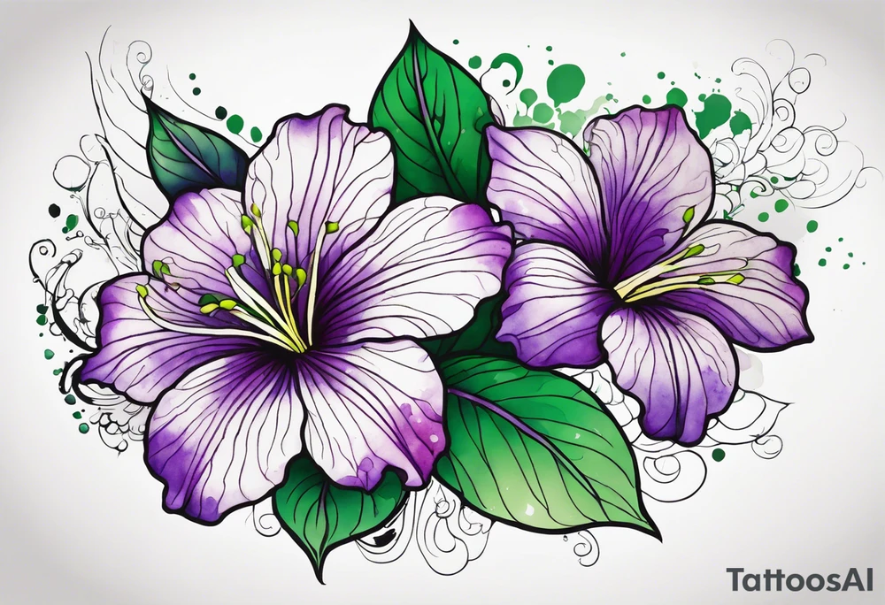 An outline of a rio dipladenia flower with green/purple pedals and a green/purple watercolor splash in the background tattoo idea