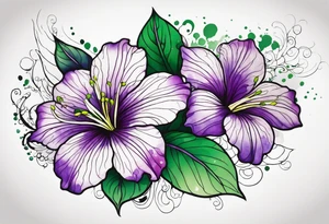 An outline of a rio dipladenia flower with green/purple pedals and a green/purple watercolor splash in the background tattoo idea