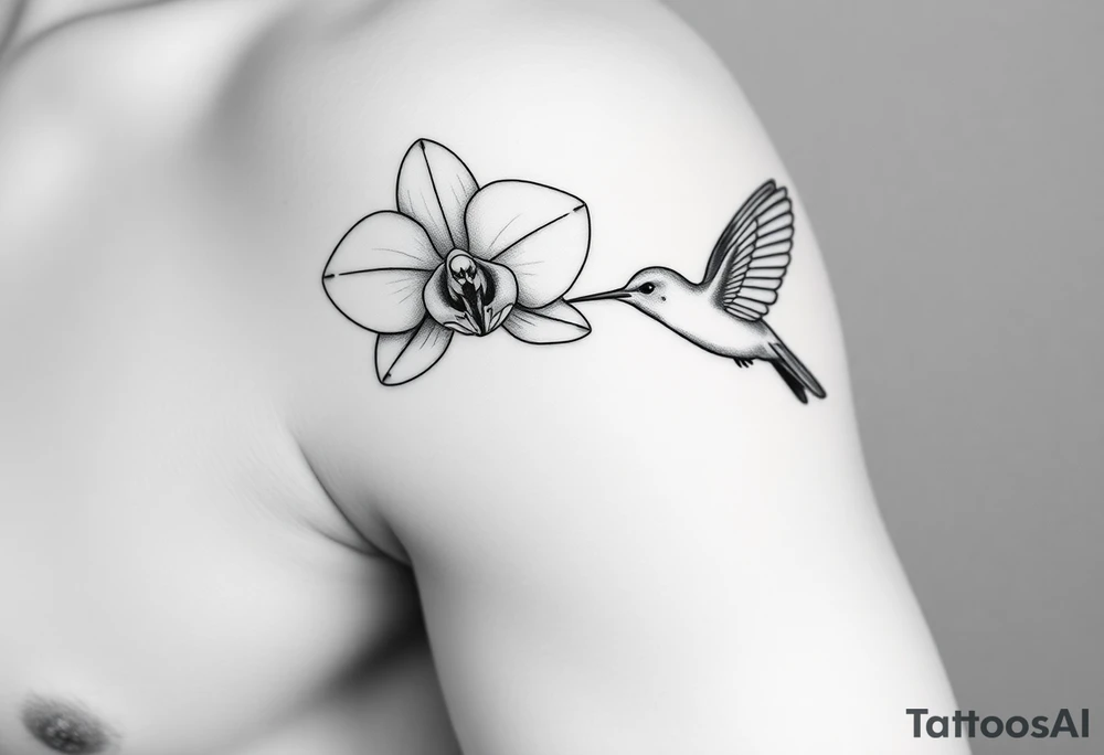A delicate, black and white fine-line tattoo for make, featuring a gracefully detailed orchid in full bloom (stem and at least 2 flowers), with soft, intricate petals and elegant curves. Beside it, a hummingbird hovers mid-flight, its wings drawn with subtle motion lines, its slender beak reaching toward the orchid’s center to drink its nectar. The design captures a sense of balance and harmony, with the contrast between the stillness of the flower and the gentle energy of the bird. Perfectly suited for the upper arm, this piece combines nature’s beauty and movement in a timeless style tattoo idea