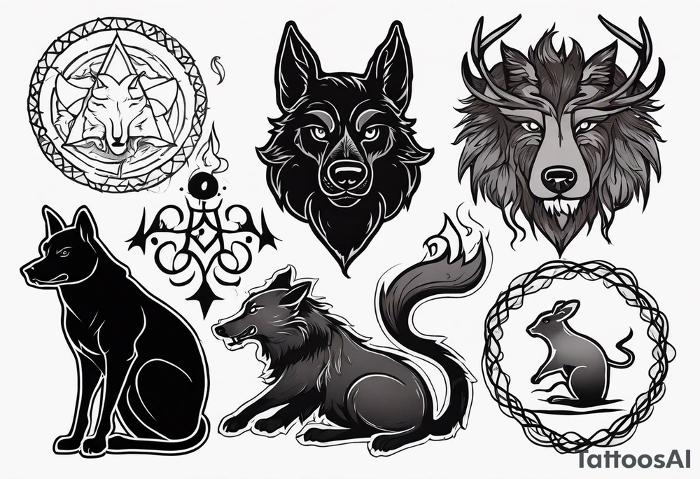 A Werewolf, a black dog, a rat and stag tattoo idea
