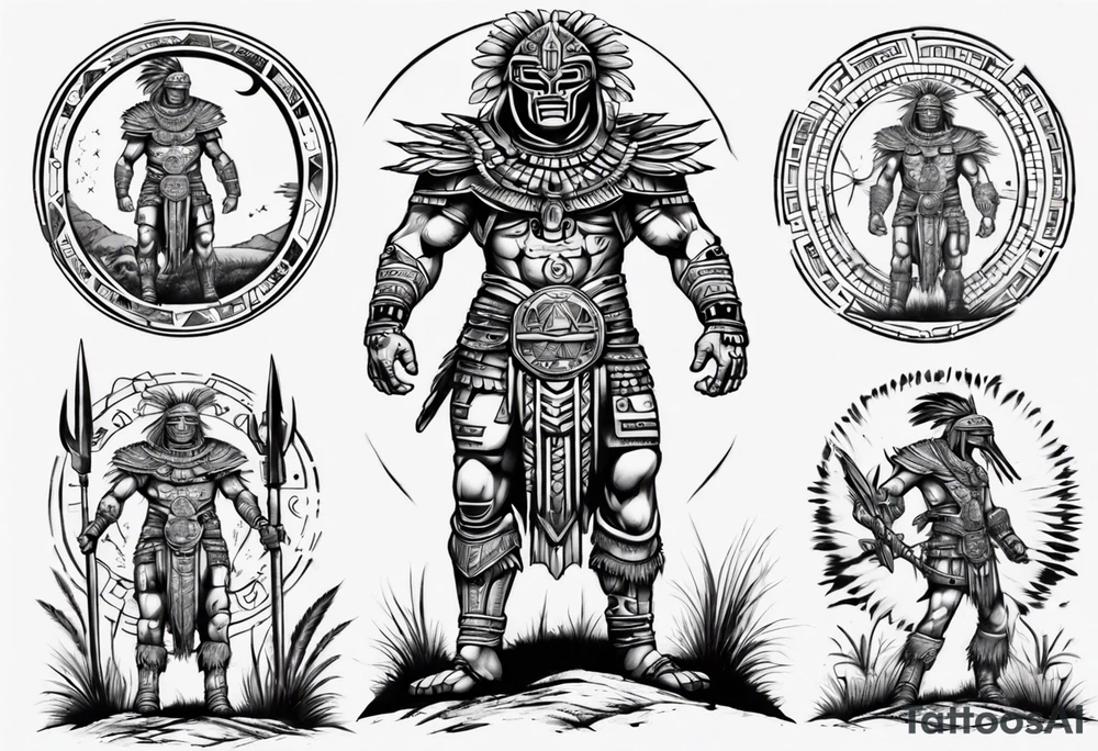 Aztec cyber warrior standing tall after a battle in a field under the moon tattoo idea