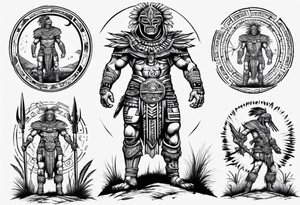 Aztec cyber warrior standing tall after a battle in a field under the moon tattoo idea