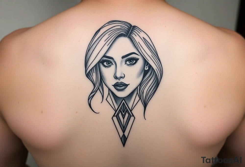 I want a portrait of Ryan Ashelys (the female tattoo artist) face in line work style black. Geometric  with the middle bottom going down to a point towards my middle finger tattoo idea